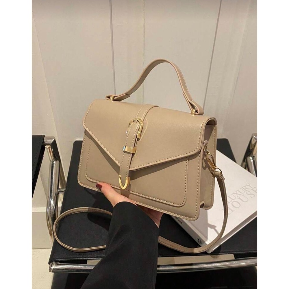 Beige Faux Leather Envelope Top Handle Satchel Crossbody Bag Gold Buckle Detail‎